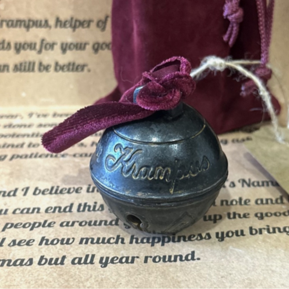 Krampus Bell official metal replica jingles with Burgundy Ribbon engraved